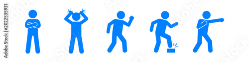 Foto Sequence of blue stick figure icons showing different stages of anger, frustration, and aggressive behavior on a white background
