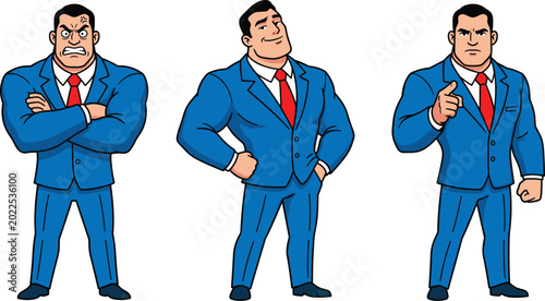 Tableau sur toile Cartoon Character of a Strong Man in Blue Suit with Different Poses for Business