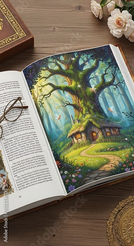 Open book displays a vibrant fairy tale forest scene with a cozy cottage and glowing windows