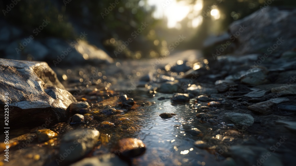 Fototapeta premium Stream rocks sunlight closeup