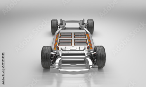 Electric Vehicle All-Solid-State Battery Skateboard Platform 3D Render - Front Low Angle View