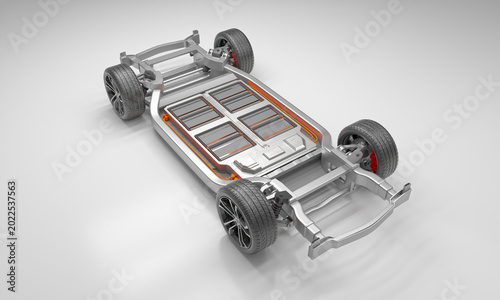 Electric Vehicle All-Solid-State Battery Skateboard Platform 3D Render - Rear High Angle Perspective View