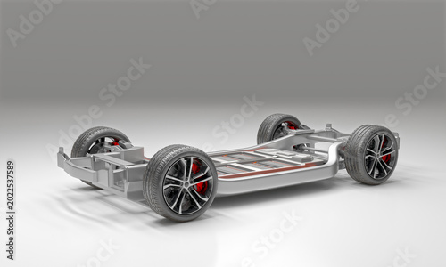 Electric Vehicle All-Solid-State Battery Skateboard Platform 3D Render - Side Low Angle View