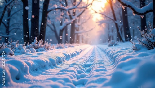 Magical snow-covered path, soft light, falling flakes, enchanted, atmosphere, woodland