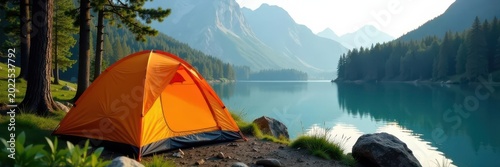 Modern camping tent pitched near lake in forest, modern tent, peaceful, tranquil