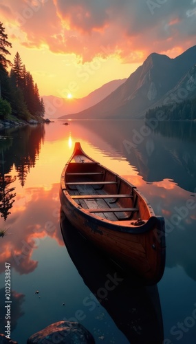 Rustic wooden canoe at dusk, serene water reflection , stillness, tranquil, calm
