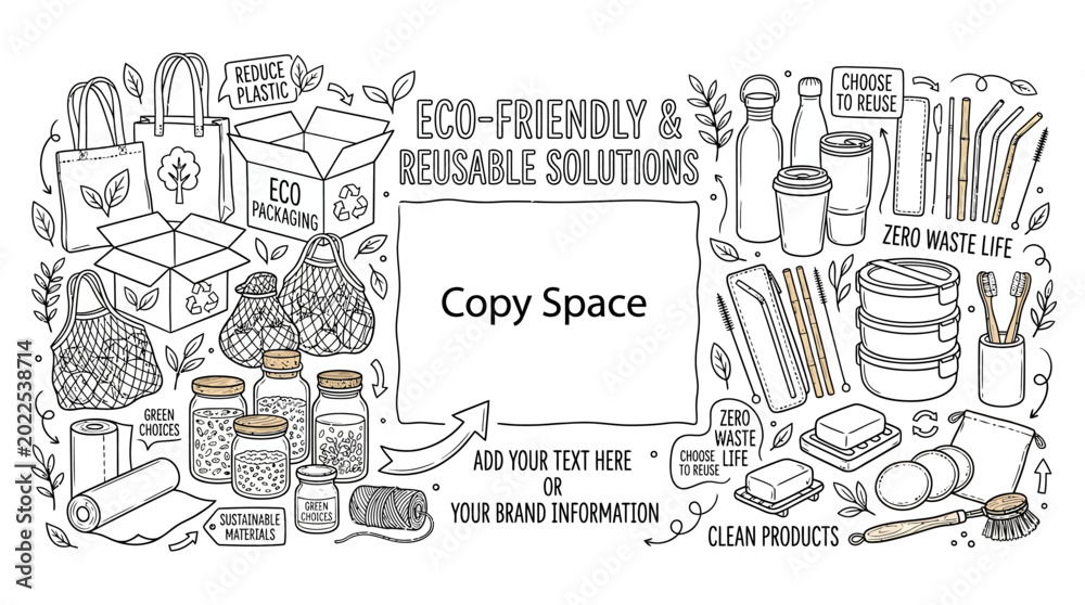 Naklejka premium Hand Drawn Eco Friendly Reusable Solutions Concept with Copy Space.