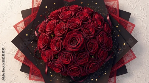 Deep red roses are arranged in a luxurious bouquet with gold glitter.