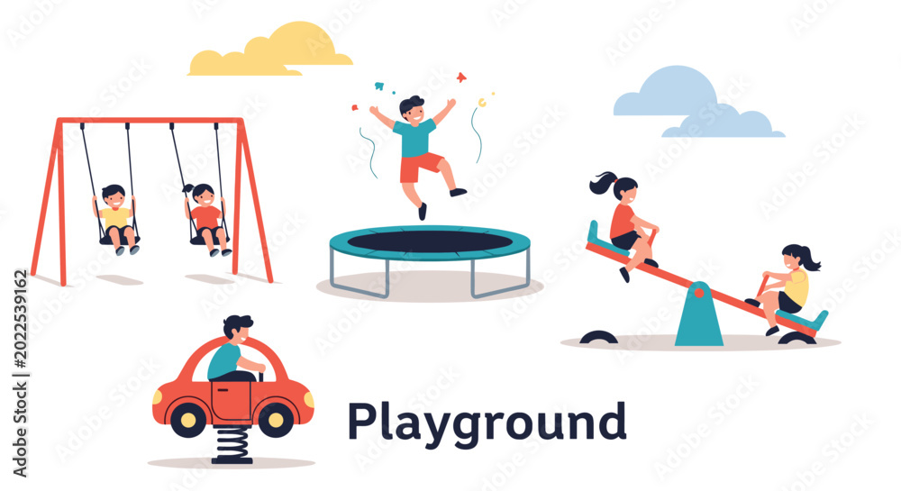 Obraz premium Group of children playing on different playground equipment like swings, trampoline, and see-saw in an outdoor park area.