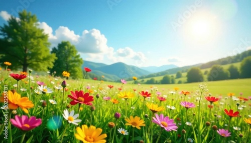 Sunlit meadow bursting with colorful wildflowers , vegetation, idyllic, sunlight