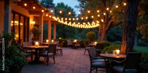 Twinkling string lights illuminate elegant outdoor setting , chic, fairy lights, outdoor lighting