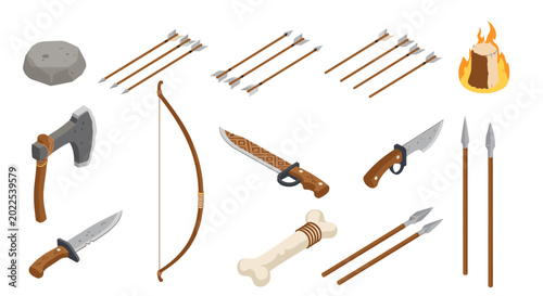 Collection of primitive weapons and survival tools from prehistoric times including a bow, arrows, axes, and bone tools.