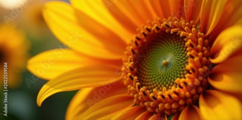 Vibrant orange & yellow sunflower close-up, rich detail, warm, texture, detail
