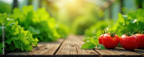 Warm wood surface, soft-focus greenery & vegetables, greenhouse setting , blurred, product, calm
