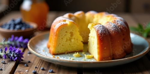 Whole honey lavender pound cake, rustic setting, food, closeup