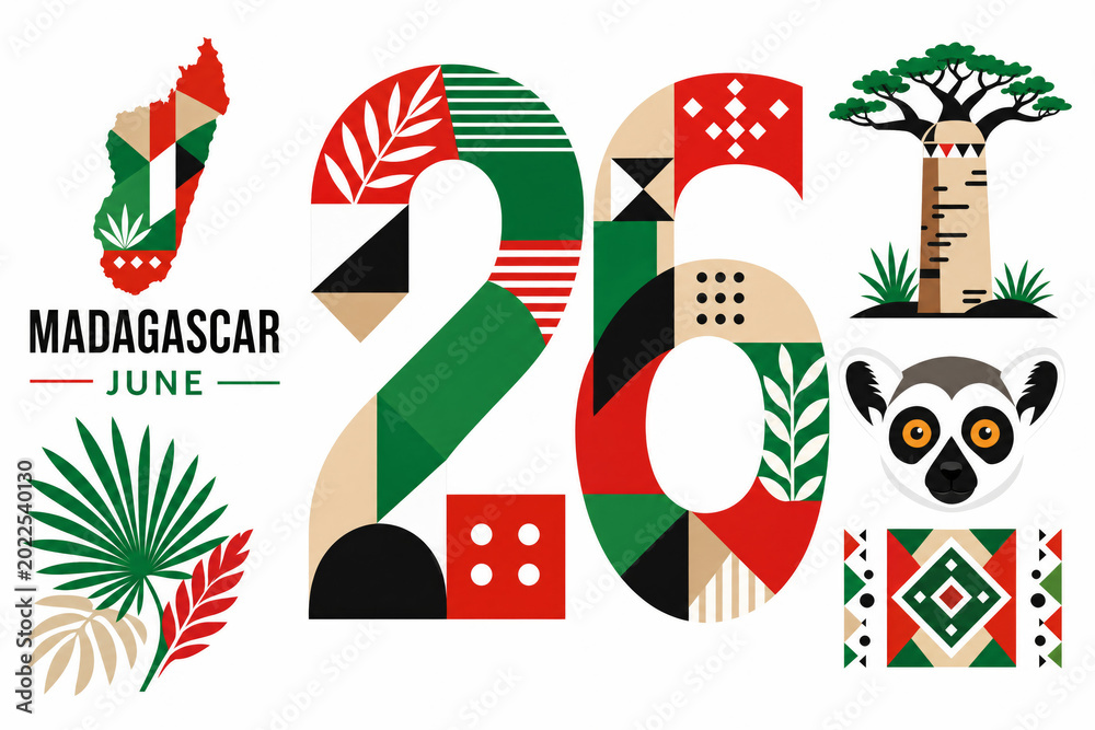 Fototapeta premium Madagascar 2016 graphic with lemur, baobab tree and palm leaves