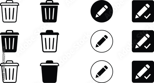 Photos Editable Icon Vector Set Featuring Trash Bins, Pencil, and Check Mark Symbols fo
