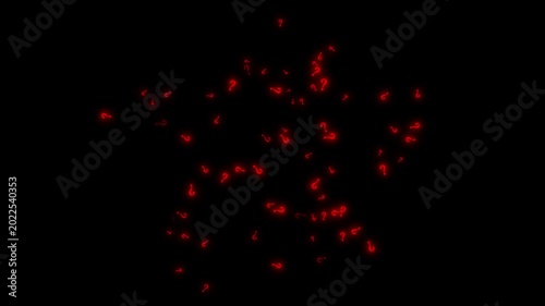Red glowing question mark animation with abstract floating symbols, seamless digital confusion graphics and futuristic black background motion effects in ultra HD