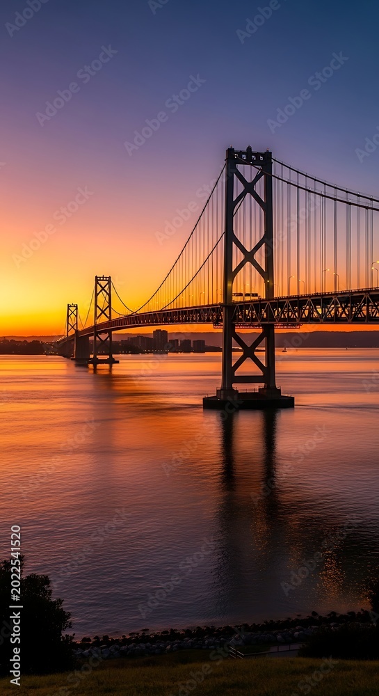 Fototapeta premium Orange sunset hues paint a massive suspension bridge over calm water