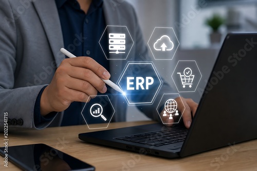 Businessman uses a stylus to interact with an erp system interface, showcasing its integrated business management functionalities on a digital screen.