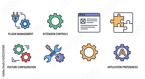 Colorful gear icons for settings.