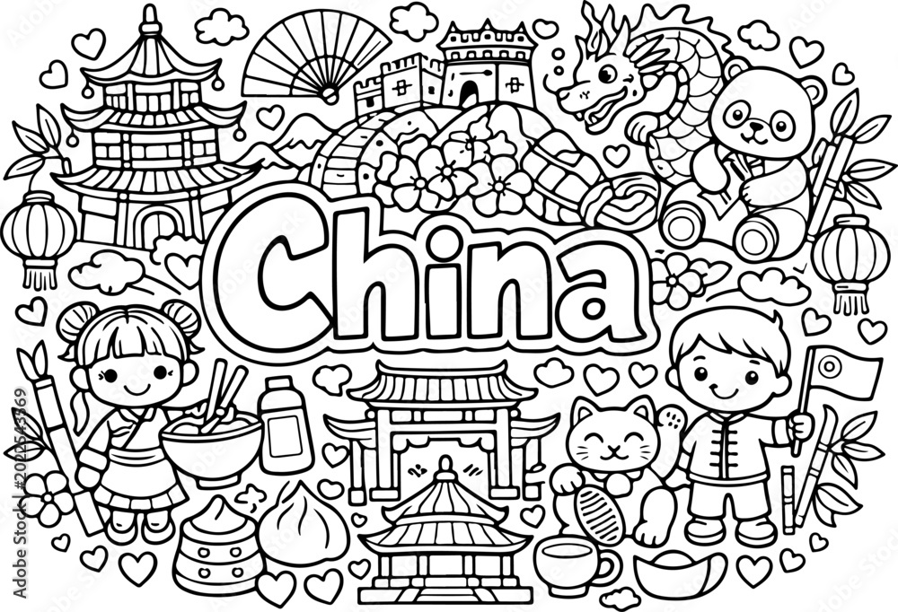 Obraz premium China hand drawn vector illustration doodle art line art coloring page for kids