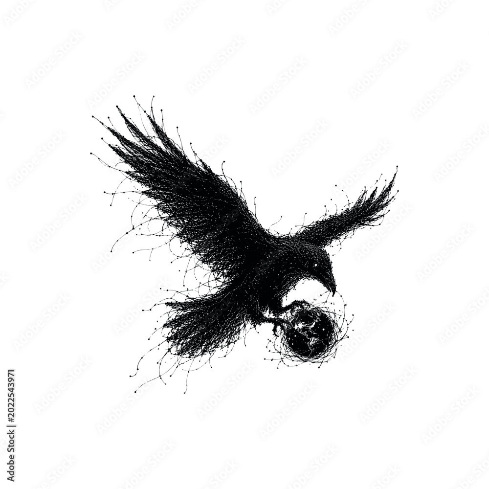Fototapeta premium Abstract ink splatter of a flying raven holding a small planet in its talons, white background