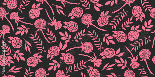 Hand-painted black and pink rose pattern, seamless rose design, suitable for fabrics, textiles, clothing, banners, and backgrounds. Vector graphic.