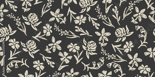 Black and white hand-drawn floral patterns, seamless floral designs, suitable for fabrics, textiles, clothing, banners, and backgrounds. Vector graphics.