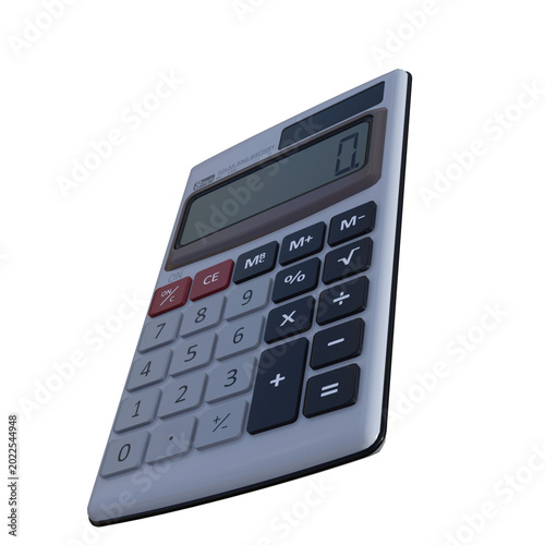 Calculator device with grey and black buttons on white background