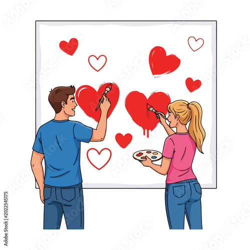 Couple Painting Hearts on White Canvas Together.