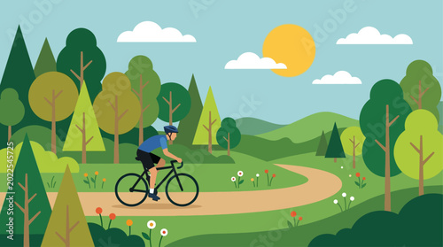 Foto A lone cyclist enjoys a peaceful and invigorating ride through a vibrant green n