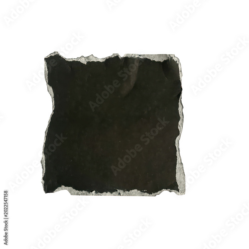 Fotografie A black torn paper square on a white background, resembling a ripped piece of pa
