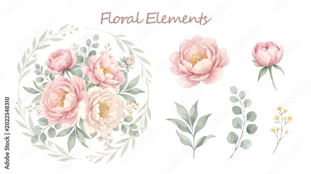 Fototapeta premium Watercolor floral elements with peony blooms and green leaves