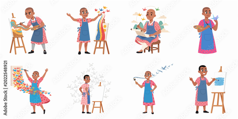 Naklejka premium Creative young girl artist painting and making origami cranes illustrations set