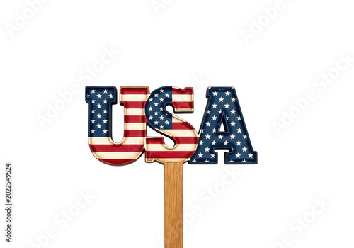 Wooden sign with usa flag pattern and text PNG isolated on transparent background