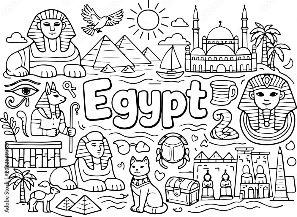 Fototapeta premium Egypt hand drawn vector illustration doodle art line art coloring page for kids 