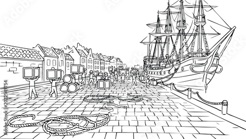 Historical harbor scene with workers loading cargo on a sailing ship, vintage maritime trade illustration, coloring book style