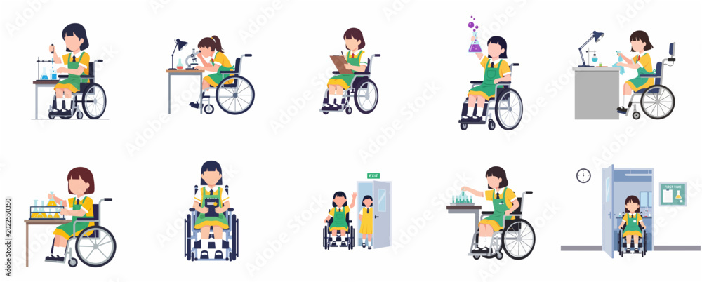 Fototapeta premium Set of inclusive education illustrations featuring a girl student in a wheelchair performing science experiments in a lab