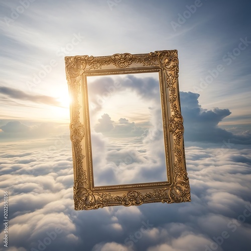 Ornate golden frame floats in a vast sky filled with clouds and sunlight