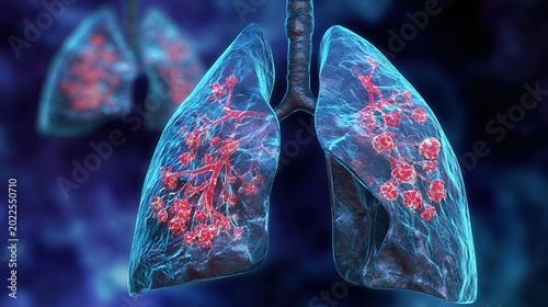Obraz w ramie Lung Fibrosis medical 3D illustration showing progressive scarring of lung tissue, interstitial pulmonary fibrosis respiratory disease, damaged alveoli and breathing dysfunction, 