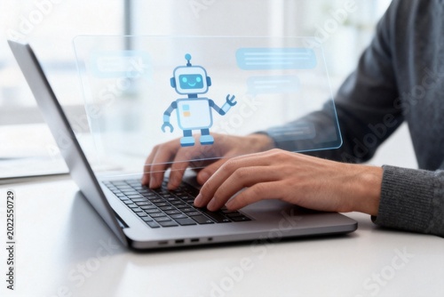 Person typing on laptop with robot hologram
