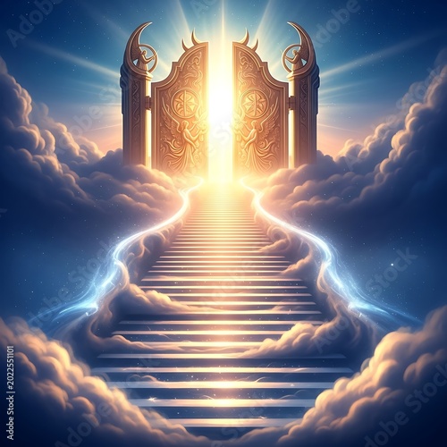 Ornate golden gates open to celestial stairway ascending through luminous clouds