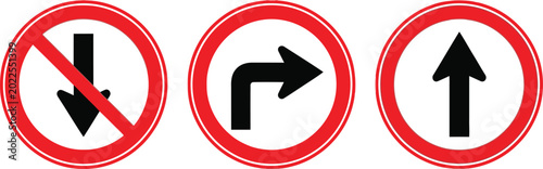 Foto Set of three circular road traffic signs with black arrows indicating direction