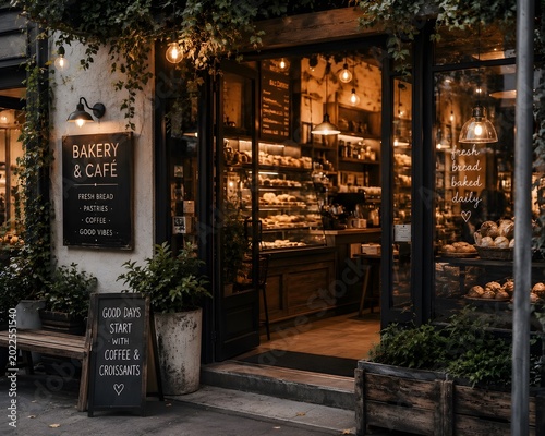 aesthetic bakery café entrance with hanging plants and warm lights, cozy welcoming atmosphere