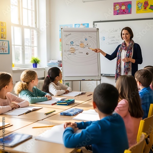 A teacher explains a diagram of the solar system to a class of elementary school children in a brightly lit classroom