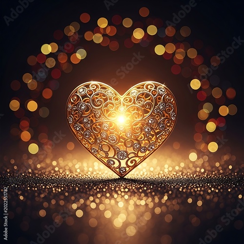 Ornate golden heart, encrusted with gems, shines amid bokeh lights