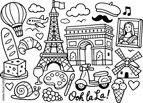 france paris cartoon outline hand drawn Line Art illustration doodle art coloring page for kids