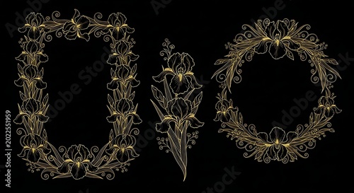 Ornate golden iris floral frames and bouquet on black background