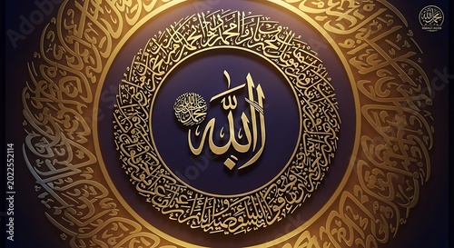 Ornate golden Islamic calligraphy on a deep blue background, intricate design